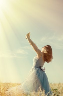 Picture of one young pretty lady having fun standing in the field hands up on blue sky copyspace background