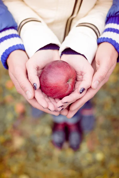屋外の寒い秋の日アップルの共有幸せなティーン カップル — ストック写真