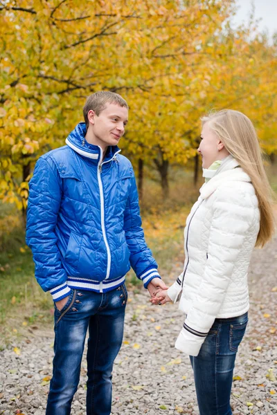 Feliz pareja adolescente caminando al aire libre en frío día de otoño —  Fotos de Stock