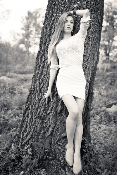 Hübsches Modemädchen lehnt an großen Baum Stockfoto