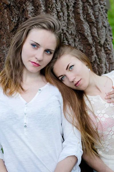 Girls leaning against big tree — Stock Photo, Image