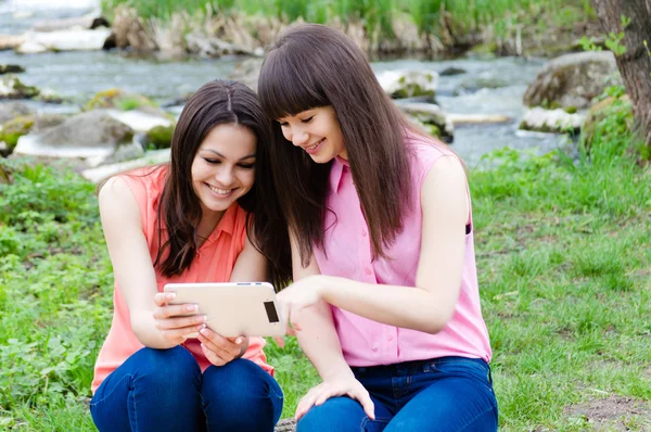 Girls using digital tablet in park Stock Photo