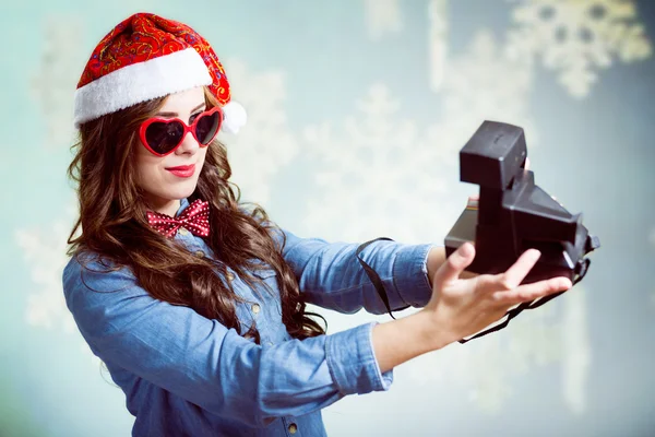 Girl making selfie with retro camera — Stock Photo, Image