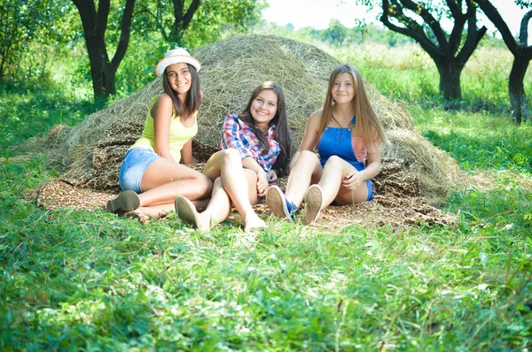 Three carefree teenagers lying on heap of hey — Stok fotoğraf