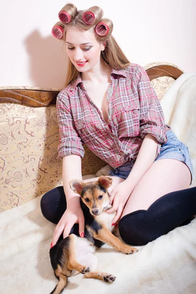 Sexy young beautiful girl stroking a dog — Stock Photo, Image