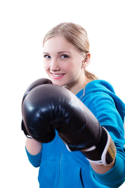 Jovem Mulher em luvas de boxe — Fotografia de Stock