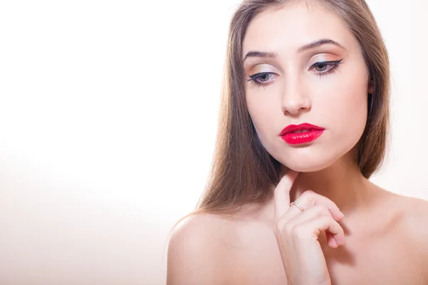 Sensual lady with finger on her chin — Stok fotoğraf