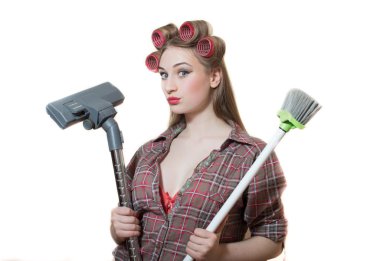 Curlers hoover ve süpürge ile pinup Bayan