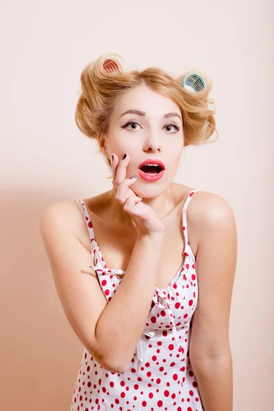 Woman with red lips touching her face — Φωτογραφία Αρχείου