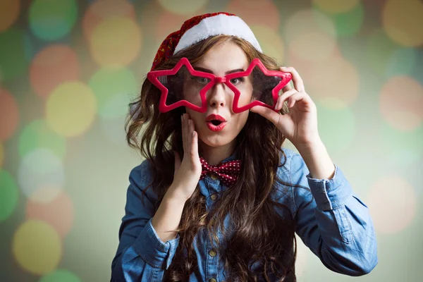 Surprised girl in super size star glasses — Stock Photo, Image