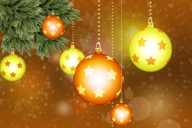 Horizontal yellow digital background with white snowflakes and glass balls