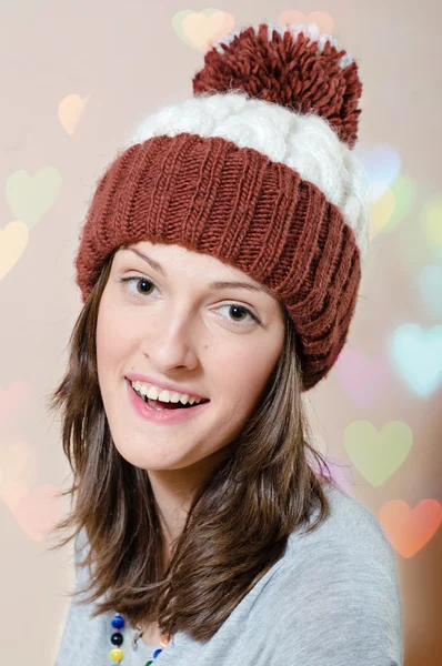 Portrait of sensual woman wearing warm hat in studio — Stock Photo, Image