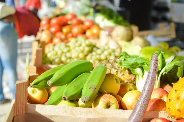 Färsk frukt på en butik bakgrund — Stockfoto