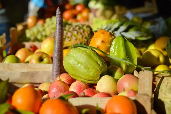 Färgstarka bakgrund från många olika frukter på en farmers market — Stockfoto