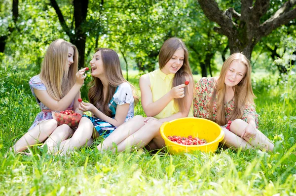 Girls gathering strawberry on bright summer day green — Stock Photo, Image