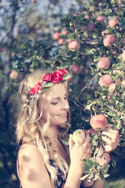 Close up on pretty young apple fairy with three fruits — Stock Photo, Image