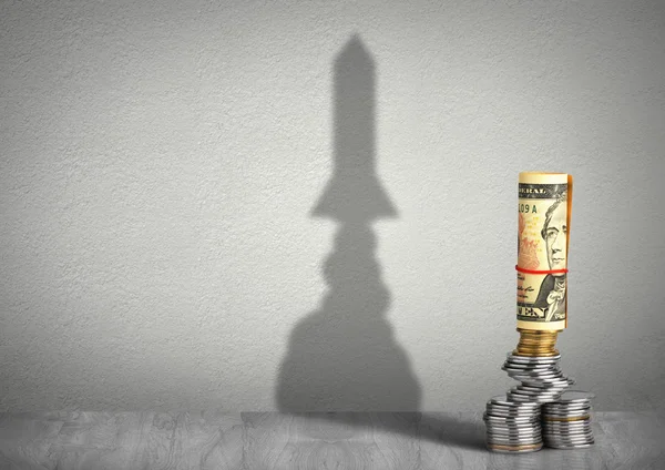 Kreatives Konzept für Finanzwachstum, Geld mit Raketenschatten — Stockfoto