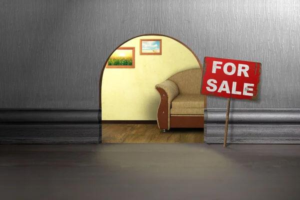Mausloch in Wand mit Schild zum Verkauf. Hausverkaufs-Konzept — Stockfoto