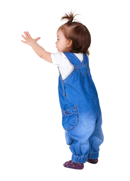 Child stands and look out, isolated on white. Back view — Stock Photo, Image