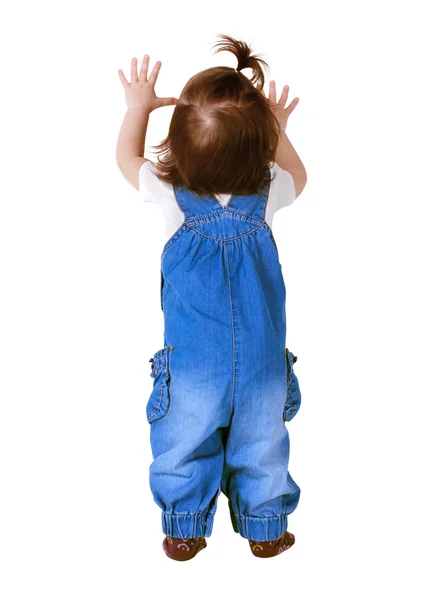 Bambino in piedi con le mani in alto, isolato su bianco. Vista posteriore — Foto Stock