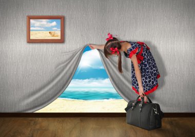 Child look at sea behind the wall, vacation concept clipart