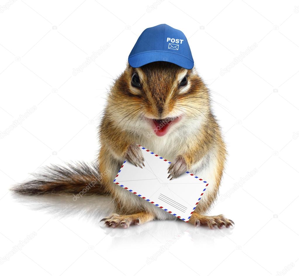 comical chipmunk postman hold mail envelope, on white