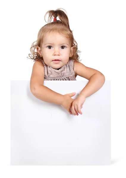 Funny child girl hold white banner — Stock Photo, Image