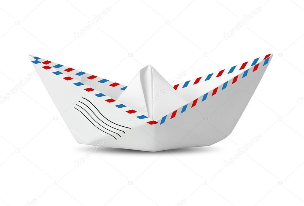 Paper boat made from mail envelope isolated on white, message co