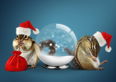Funny animals chipmunks dress santa hat with snow ball and bag,  clipart