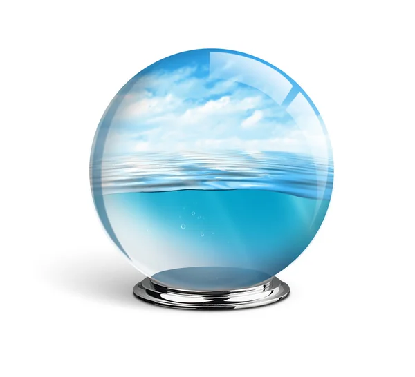 Blue sea and sky in the glass ball isolated on white background, — Stock Photo, Image