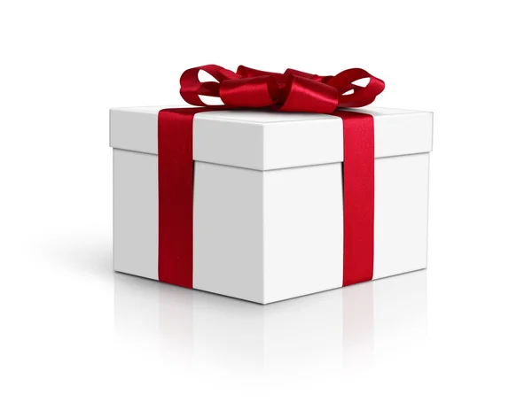 Geschenkkarton, Seitenansicht, mit rotem Band und Schleife isoliert auf weiß, — Stockfoto