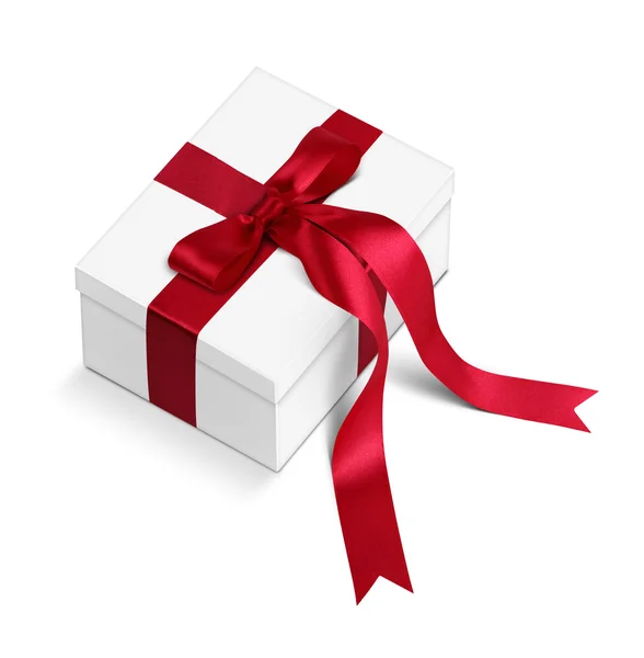 Gift box with long red ribbons and bow isolated on white, clippi — Stock Photo, Image