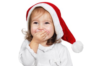 Komik çocuk gülmek Noel Baba şapkası, üzerinde beyaz izole giyinmiş