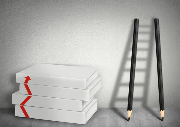 Business development concept, books blank and Ladder from pencil — Stock Photo, Image