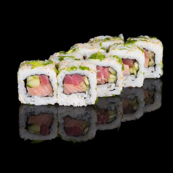 Sushi rolls with salmon, tuna, cucumber and green onions — Stock Photo, Image