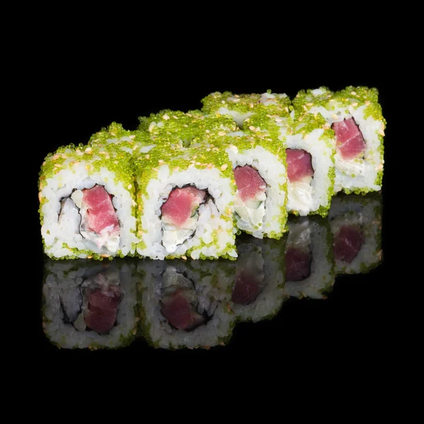 Sushi rolls with tuna, cucumber and flying fish roe — Stock Photo, Image