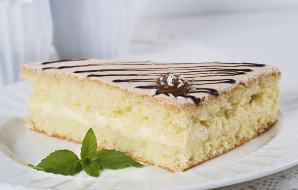 Biscuit cake on plate on table on light background