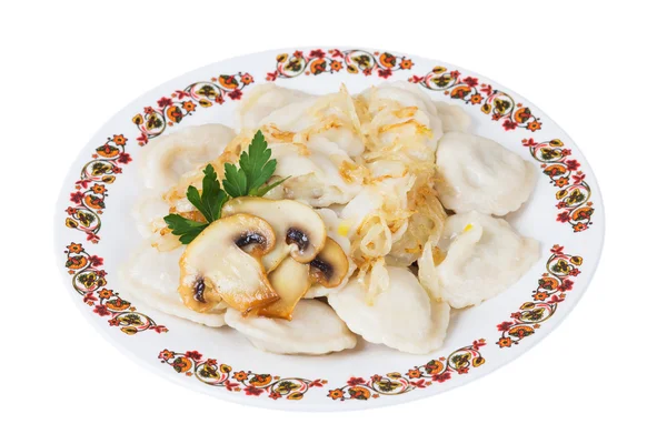 Ukrainian dumplings with mushrooms on plate, isolated — Stock Photo, Image