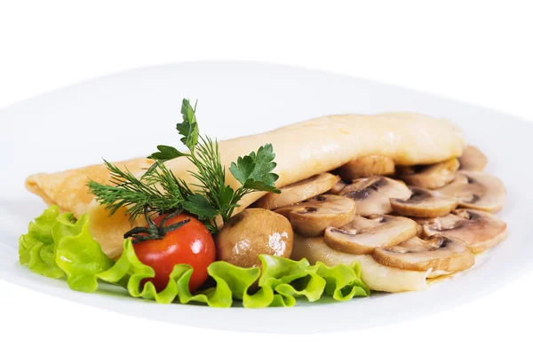 Pancakes with mushrooms on plate — Stock Photo, Image