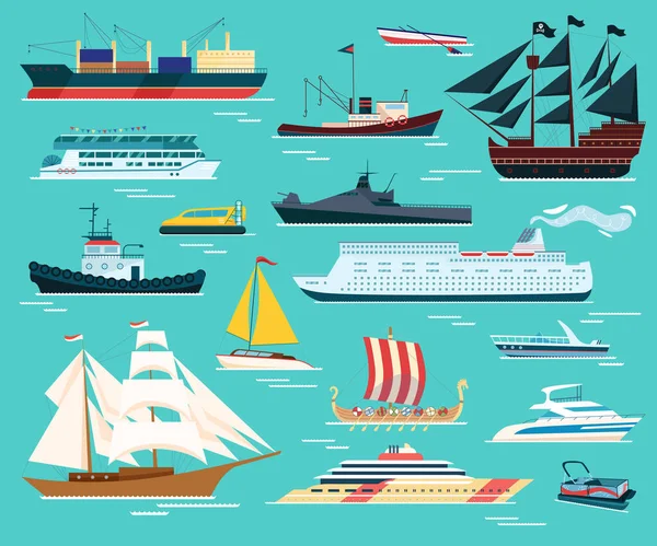 Barcos y barcos aislados conjunto de ilustraciones vectoriales. Barcos de transporte y de viaje, veleros, cruceros, barcazas y yates. — Vector de stock