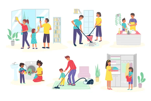 La famiglia pulisce la casa, i bambini aiutano i genitori con i lavori domestici, insieme di isolati su illustrazioni vettoriali bianche. Madre e padre con figli. — Vettoriale Stock