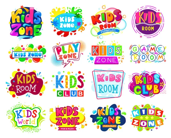 Kids Zone Banner Design Set von isolierten Vektorillustrationen. Kinderspielplatzschild. Bunte Baby-Spielzimmer-Logos. Funbereich für Kinder. — Stockvektor