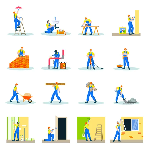 Los trabajadores de reparación del hogar que hacen mantenimiento, los contratistas industriales trabajan personas aisladas en la ilustración de vectores blancos. Edificio profesional. — Vector de stock