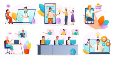 Beyaz vektör çizimlerinde izole edilmiş müşteri destek servisi çevrimiçi. Yardım hattı, operatör istemciye tavsiye ediyor, küresel teknik destek 24-7.