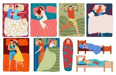 Yatakta uyuyan insanlar, vektör çizimleri. Çiftler, erkekler, uyurgezer kadınlar. Hayal kuran aileler, çocuklar ve bekarlar uyur..