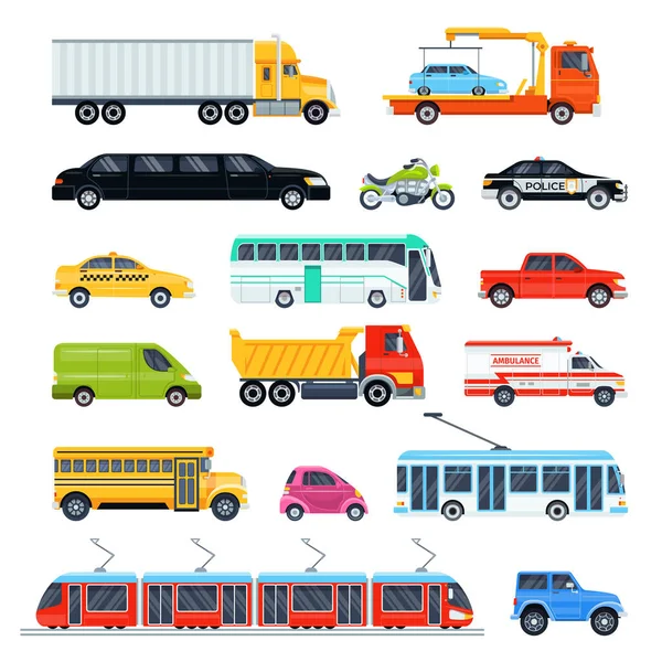 Şehir taşıma araçları beyaz vektör çizimlerinde izole edildi. Toplu taşıma, otobüs, arabalar, minibüs ve kamyonlar, yolcu taksisi ve teslimat otomatı. — Stok Vektör