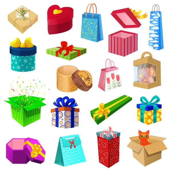 Ajándék és jelen dobozok íjak és szalagok elszigetelt fehér készlet vektor illusztráció. Színes születésnapi vagy karácsonyi ajándékok ünneplésre. — Stock Vector