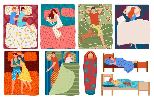 Personas durmiendo en la cama, conjunto de ilustraciones vectoriales. Parejas, hombres, mujeres en pose de sueño. Top ver soñando familias, niños y solteros durmientes. — Vector de stock