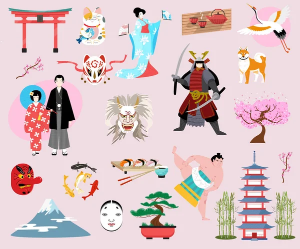 Японская традиция культуры набор изолированных объектов, векторная иллюстрация. Гейша в кимоно, сакура, японская ткань, ворота тори, хакама хаори традиционные японцы. Символы Японии. — стоковый вектор