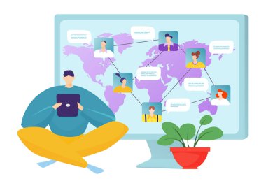 İnternet konseptinde sosyal ağ teknolojisi, vektör illüstrasyonu. Küresel düz medyada çevrimiçi iletişim sohbeti. İnsanlarla bağlantı